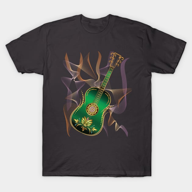 Luxury Metalic Green Golden Guitar instruments T-Shirt by Nobiya